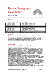 Exeter Synagogue Newsletter 17 March 2014