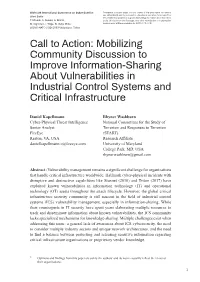 Call to Action: Mobilizing Community Discussion to Improve Information-Sharing About Vulnerabilities in Industrial Control Systems and Critical Infrastructure