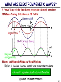 WHAT ARE ELECTROMAGNETIC WAVES? a “Wave” Is a Periodic Disturbance Propagating Through a Medium EM Waves Convey Undulations in EM Fields: Electric Field E