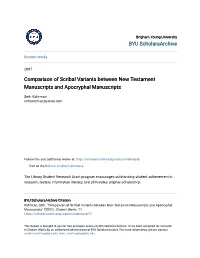 Comparison of Scribal Variants Between New Testament Manuscripts and Apocryphal Manuscripts