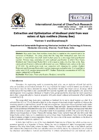 Extraction and Optimization of Biodiesel Yield from Wax Esters of Apis Melifera (Honey Bee) *Hariram V and Bharathwaaj R