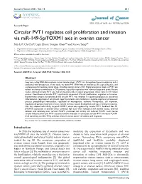 Circular PVT1 Regulates Cell Proliferation and Invasion Via Mir-149-5P/FOXM1 Axis in Ovarian Cancer Min Li1#, Chi Chi1#, Liqin Zhou2, Youguo Chen1 and Xiuwu Tang1