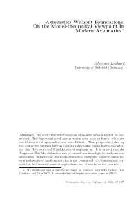 Axiomatics Without Foundations. on the Model-Theoretical Viewpoint in Modern Axiomatics ∗
