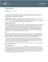 Finalized Auction Results Confirm Sufficient Capacity Resources for New England During 2024–2025