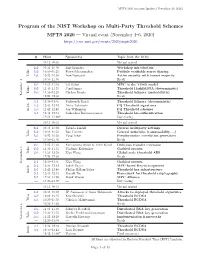 Program of the NIST Workshop on Multi-Party Threshold Schemes MPTS 2020 — Virtual Event (November 4–6, 2020)