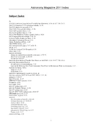 Astronomy Magazine 2011 Index Subject Index
