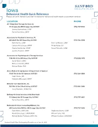 Behavioral Health Quick Reference Please Call an In-Network Provider List Below for Behavioral Health Needs Assessment Services