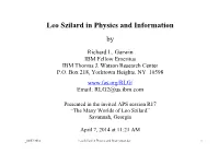 Leo Szilard in Physics and Information By