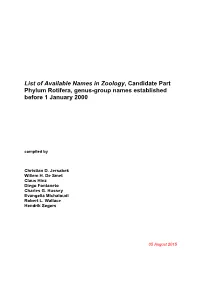 List of Available Names in Zoology, Candidate Part Phylum Rotifera, Genus-Group Names Established Before 1 January 2000
