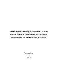 Transformative Learning and Frontline Teaching in NSW Technical and Further Education Since Myer-Kangan: an Adult Educator’S Account