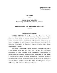 Not for Publication for Members Only LOK SABHA ___ SYNOPSIS of DEBATES (Proceedings Other Than Questions & Answers) ___