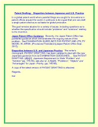 Patent Drafting: Disparities Between Japanese and U.S. Practice in a Global Patent World Where Parallel Filings Are Sought