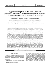 Oxygen Consumption of the Crab Callinectes Rathbunae Parasitized by the Rhizocephalan Barnacle Loxothylacus Texanus As a Function of Salinity