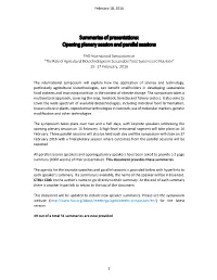 Summaries of Presentations: Opening Plenary Session and Parallel Sessions