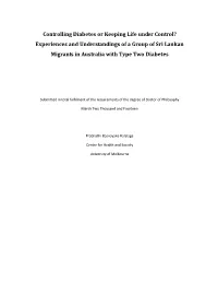 Experiences and Understandings of a Group of Sri Lankan Migrants in Australia with Type Two Diabetes