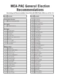 MEA-PAC General Election Recommendations (Screening and Recommendation Forms Filed with MEA Public Affairs As of Oct