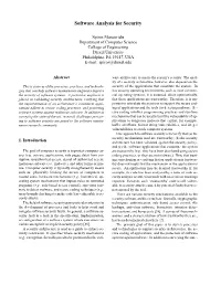 Software Analysis for Security