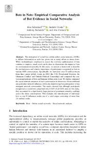 Empirical Comparative Analysis of Bot Evidence in Social Networks