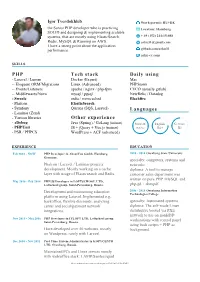 PHP Tech Stack Other Experience Everyday Tools Languages
