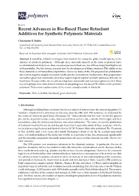 Recent Advances in Bio-Based Flame Retardant Additives for Synthetic Polymeric Materials
