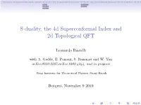 S-Duality, the 4D Superconformal Index and 2D Topological QFT