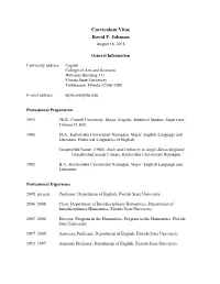 Curriculum Vitae David F. Johnson