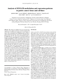 Analysis of SEMA3B Methylation and Expression Patterns in Gastric Cancer Tissue and Cell Lines