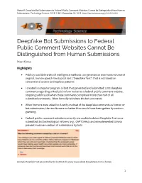 Deepfake Bot Submissions to Federal Public Comment Websites Cannot Be Distinguished from Human Submissions