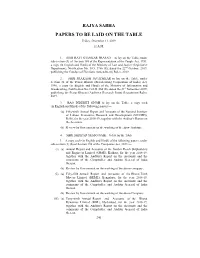 PAPERS to BE LAID on the TABLE Friday, December 13, 2019 11 A.M