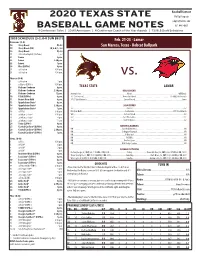 2020 Texas State Baseball Game Notes