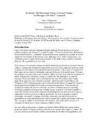 Introduction One of the Earliest and Most Influential Papers Applying Darwinian Theory to Human Cultural Evolution Was Donald T