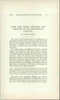 Some New Jersey Printers and Printing in the Eighteenth Century