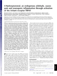 4-Hydroxynonenal, an Endogenous Aldehyde, Causes Pain and Neurogenic Inflammation Through Activation of the Irritant Receptor TRPA1
