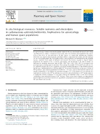 Soluble Nutrients and Electrolytes in Carbonaceous Asteroids/Meteorites