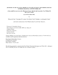 Summary of 2001 Atlantic Tropical Cyclone Activity and Verification of Authors' Seasonal Activity Forecast