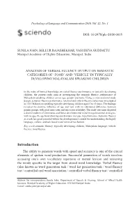 Analysis of Verbal Fluency Output on Semantic Categories of 'Food' and 'Vehicle' in Typically Developing Malayalam Speak