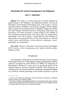 Abstract: This Article Is an Initial Assessment of Internet Utilization by Political Parties in the Philippines