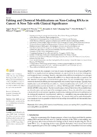 Editing and Chemical Modifications on Non-Coding Rnas in Cancer