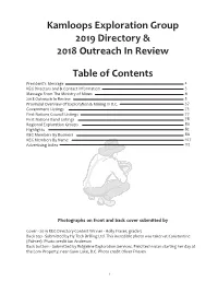 Kamloops Exploration Group 2019 Directory & 2018 Outreach in Review Table of Contents