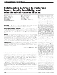 Relationship Between Testosterone Levels, Insulin Sensitivity, and Mitochondrial Function in Men