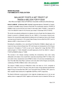 MALAKOFF POSTS a NET PROFIT of RM286.6 MILLION for FY2020 Alam Flora and Higher Share of Profit from Associates Continue to Drive Earnings