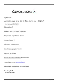 Syllabus Astrobiology and Life in the Universe - 77212