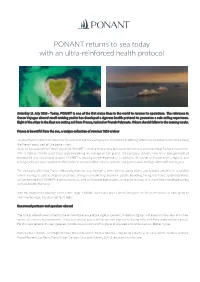 PONANT Returns to Sea Today with an Ultra-Reinforced Health Protocol