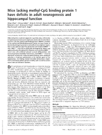 Mice Lacking Methyl-Cpg Binding Protein 1 Have Deficits in Adult Neurogenesis and Hippocampal Function