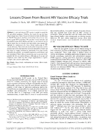 Lessons Drawn from Recent HIV Vaccine Efficacy Trials