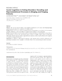 Social Cognition in Eating Disorders: Encoding and Representational Processes in Binging and Purging Patients