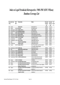 Index to Legal Periodicals Retrospective: 1908-1981 (H.W. Wilson) Database Coverage List