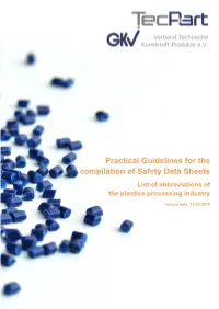 Practical Guidelines for the Compilation of Safety Data Sheets List of Abbreviations of the Plastics Processing Industry