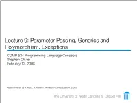 Parameter Passing, Generics, Exceptions