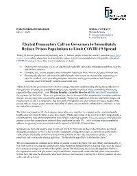 Elected Prosecutors Call on Governors to Immediately Reduce Prison Populations to Limit COVID-19 Spread